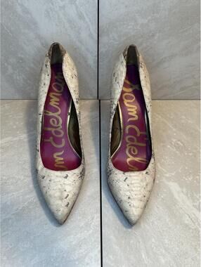 Sam Edelman Celia ivory grey snakeskin pointed toe platform pumps/heel Size 9M
